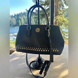 DKNY Donna Karan Studded Navy Saffiano Vegan Leather Satchel Shoulder Bag Tote